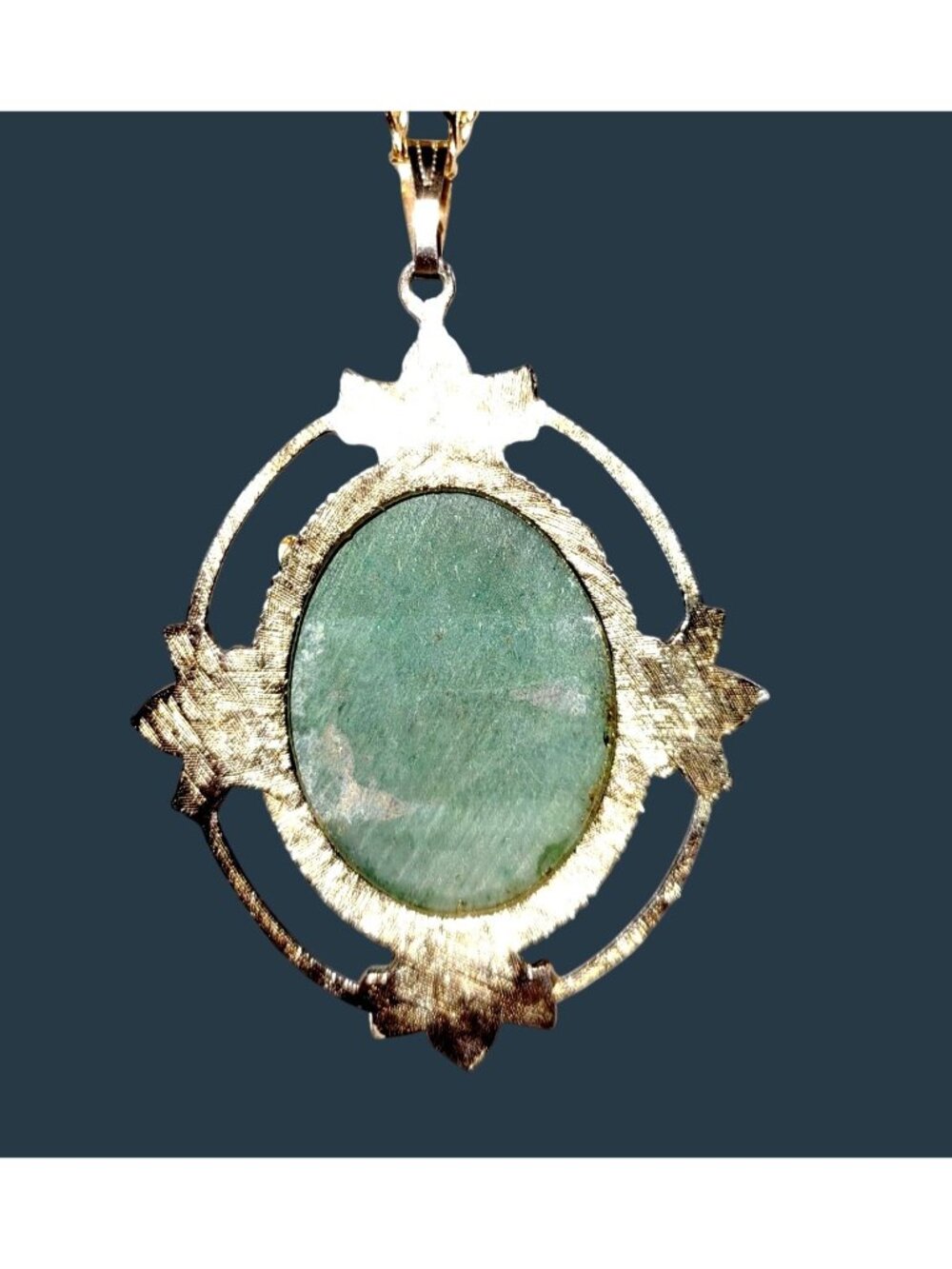 Large Green Agate Oval Stone Set in Gold Vermeil Filigree Pendant Chain 33" - Picture 2 of 7